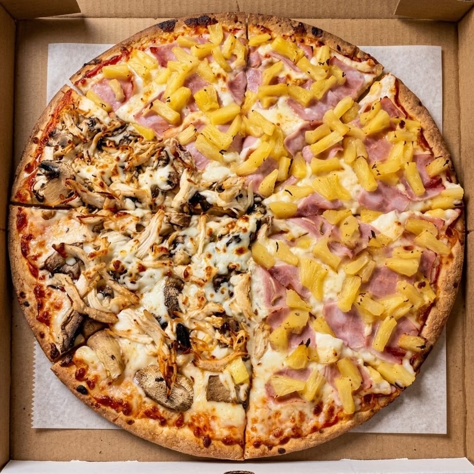 Large split pizza in a cardboard box, half topped with ham and pineapple and half with chicken and mushrooms.