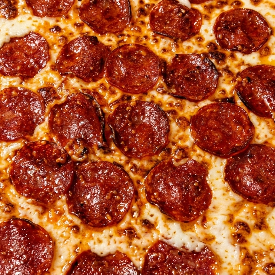 Delicious pepperoni pizza with golden-brown melted cheese and crispy, curled pepperoni slices.
