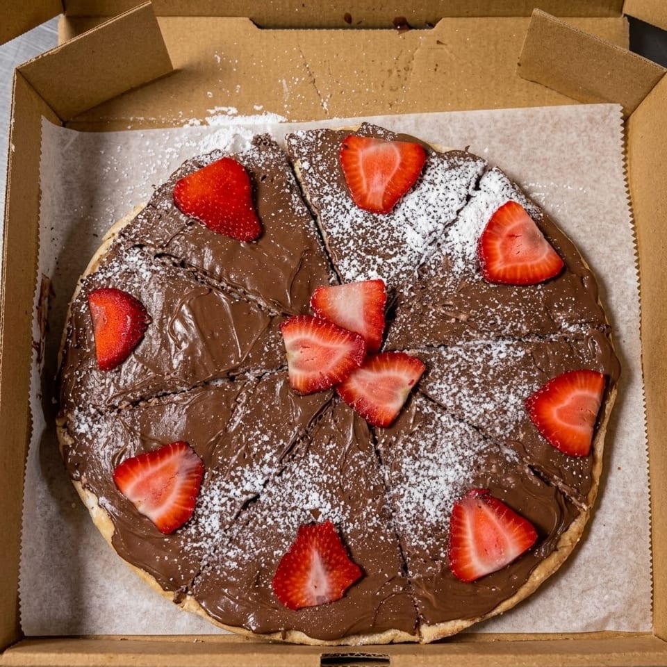 Chocolate-covered dessert pizza topped with sliced strawberries and powdered sugar in a cardboard box.