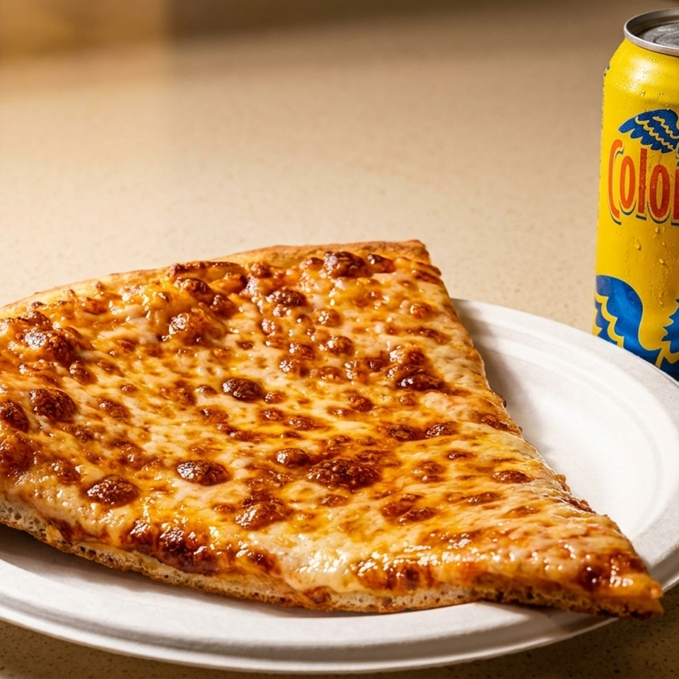 Golden-brown cheese pizza slice on a plate with a yellow Colombiana soda can.