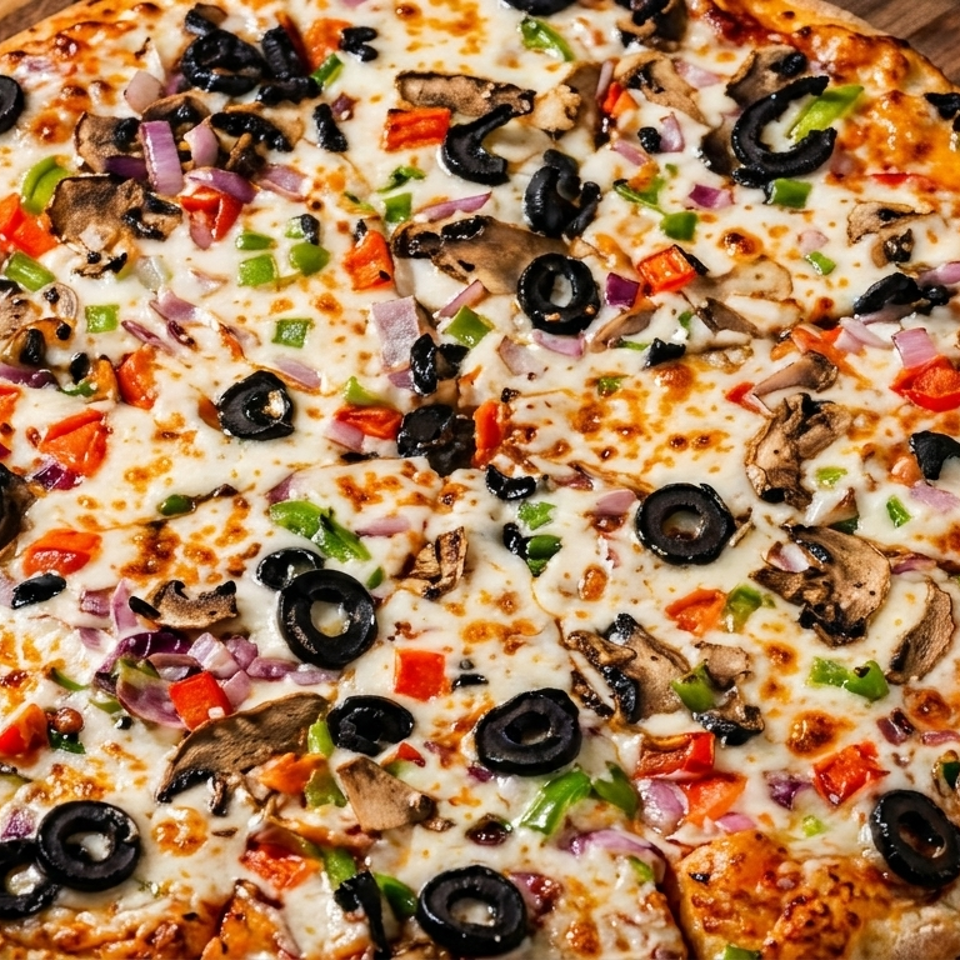 Whole vegetarian pizza with black olives, mushrooms, red onions, and colorful bell peppers on a wooden board.
