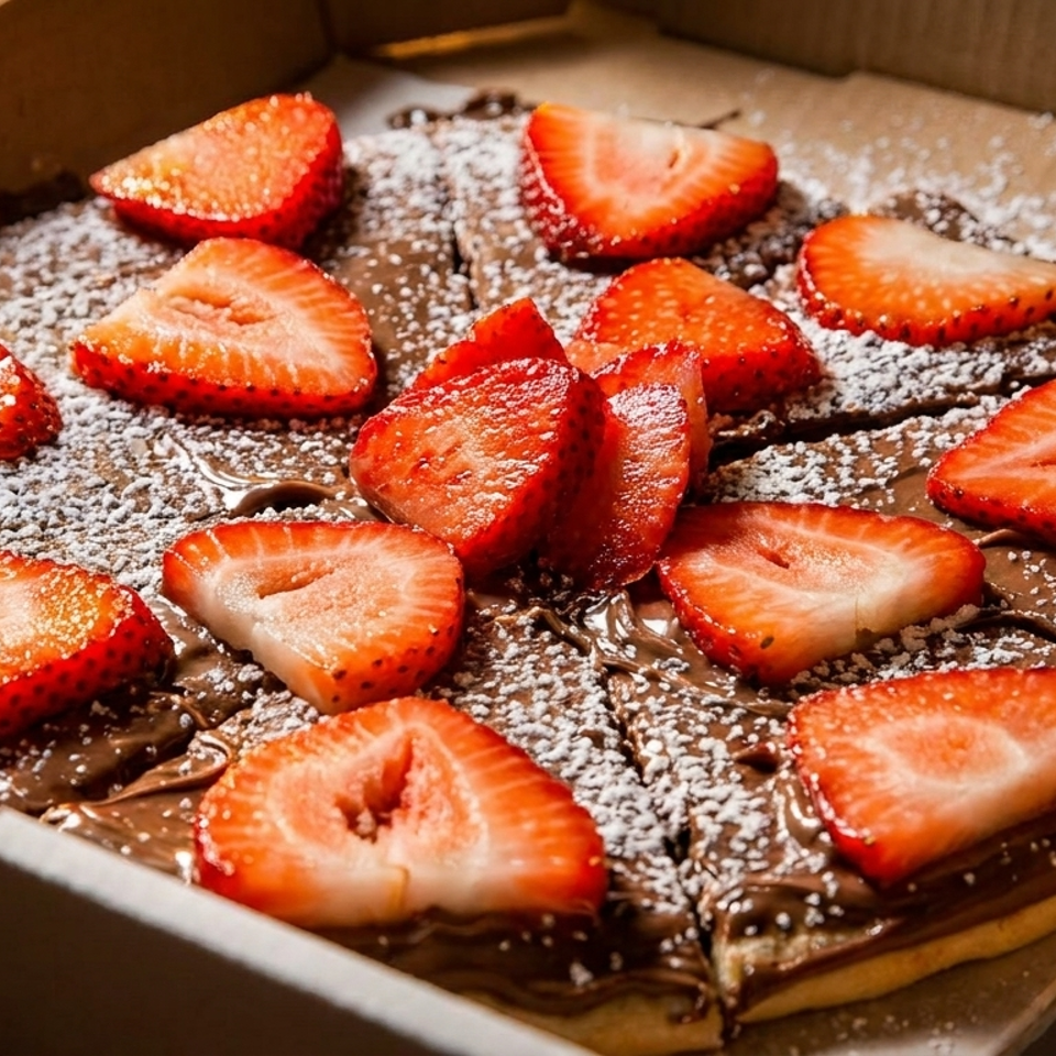 Chocolate dessert pizza topped with fresh strawberries and powdered sugar in a pizza box.