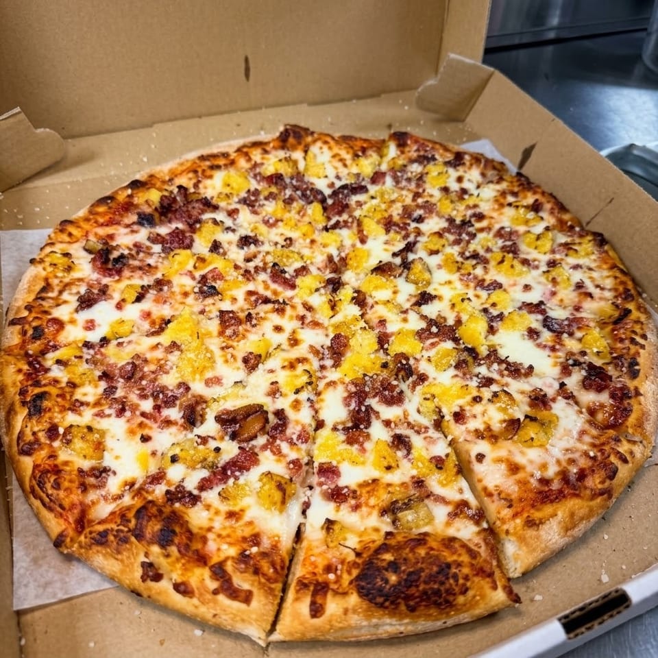 Large round pizza topped with melted cheese, bacon, and golden diced potatoes in an open cardboard box.