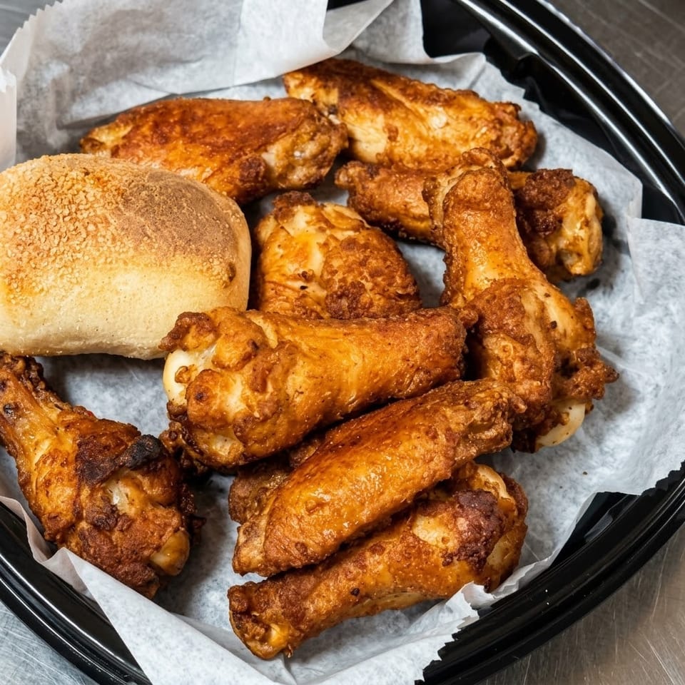Basket of crispy fried chicken wings and drumsticks with a golden-brown bread roll, lined with parchment paper.