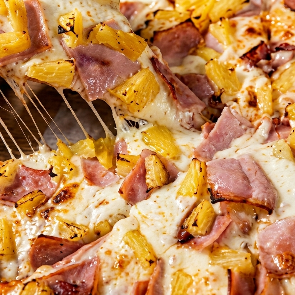 Hawaiian pizza slice lifted, showing melted cheese, ham, and pineapple toppings.