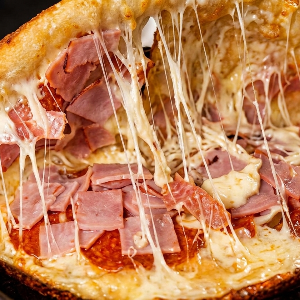 Close-up of a folded pizza with ham, pepperoni, and stringy melted cheese.